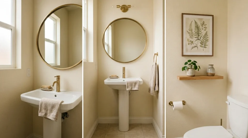 Small powder room with oversized mirror, botanical art, and curated decor.
