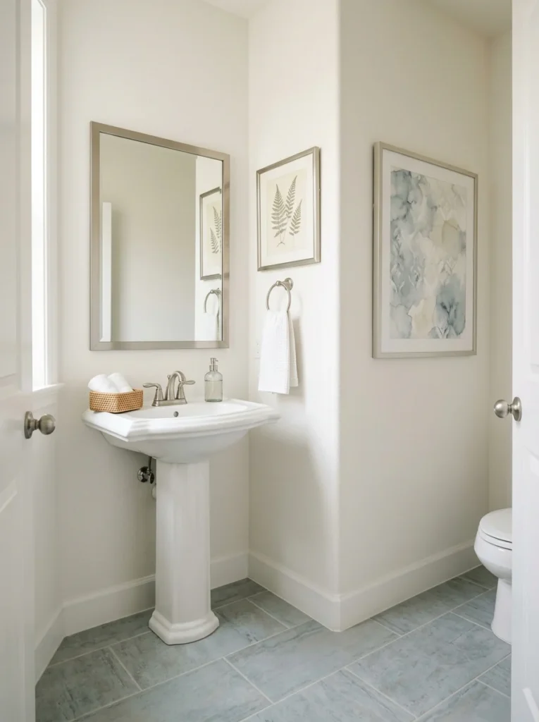 Small bathroom art coordinated with the room's blue-gray color palette.