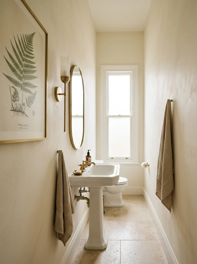 Small bathroom using vertical artwork and decor to emphasize ceiling height.