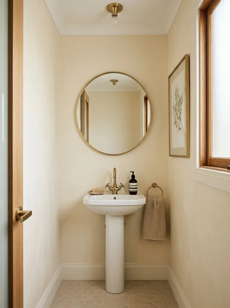 Small bathroom decorated with a single botanical statement art piece.