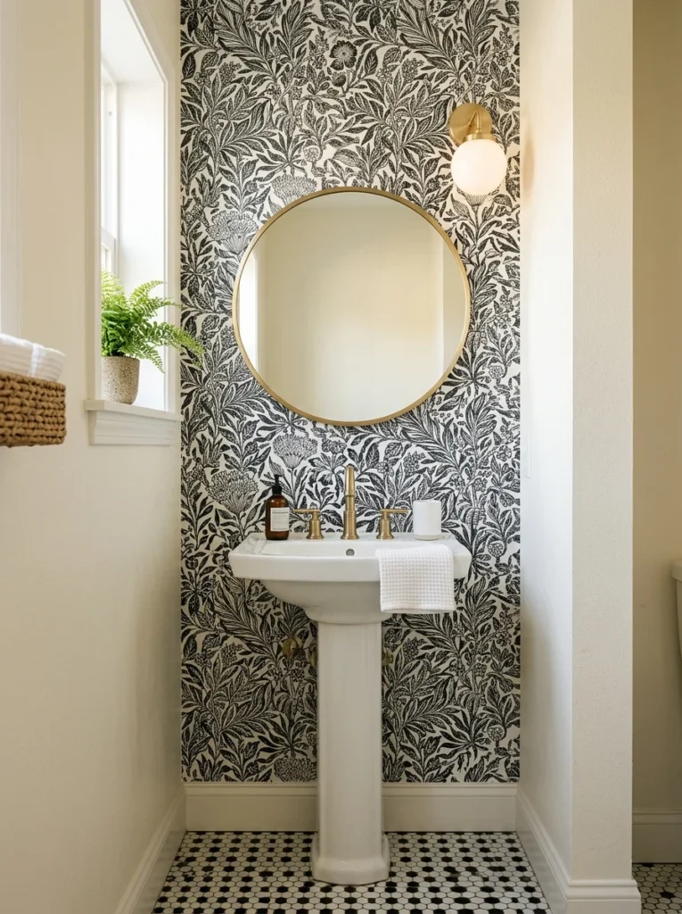 Small powder room with botanical wallpaper on one accent wall.