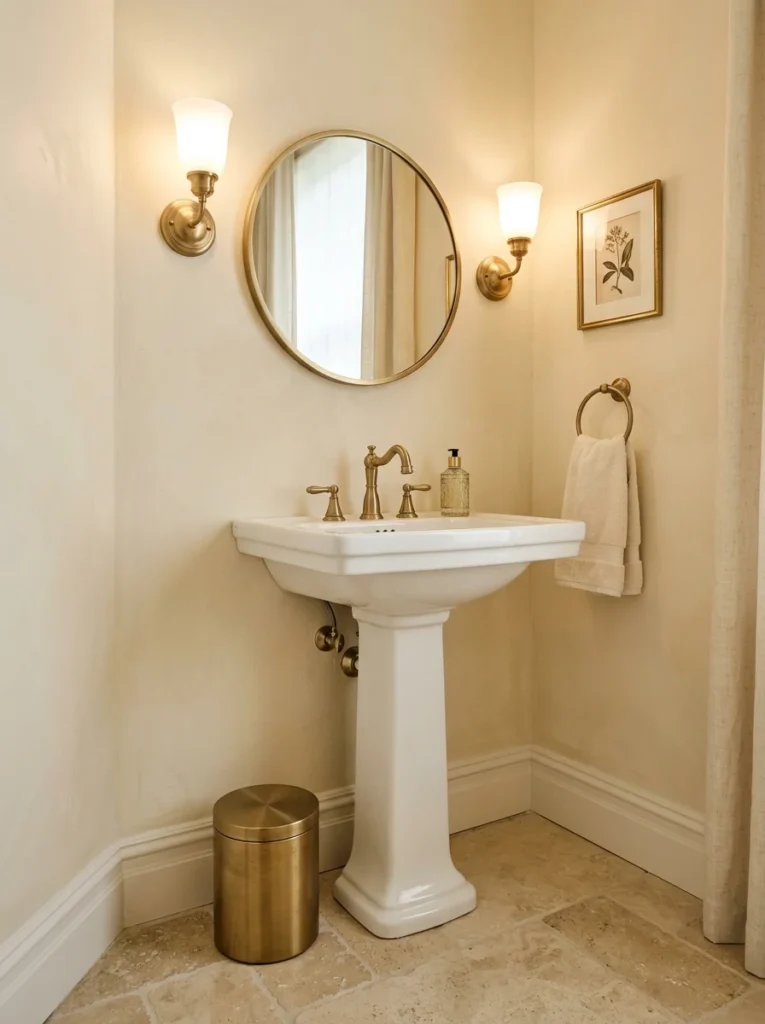 Brushed brass bathroom trash can coordinated with matching gold hardware.
