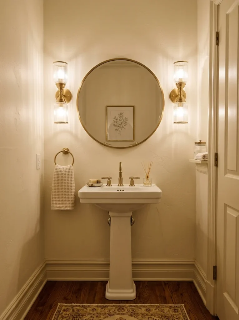 Small bathroom with a decorative scalloped wood-framed mirror.