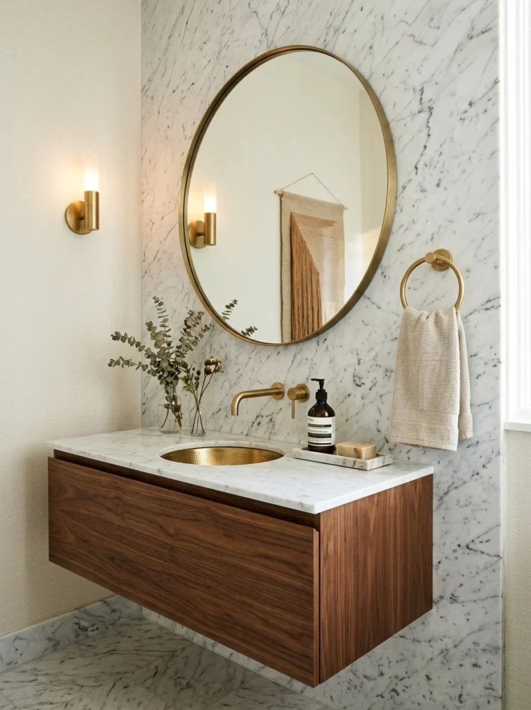 Brushed brass towel ring beside a bathroom sink.