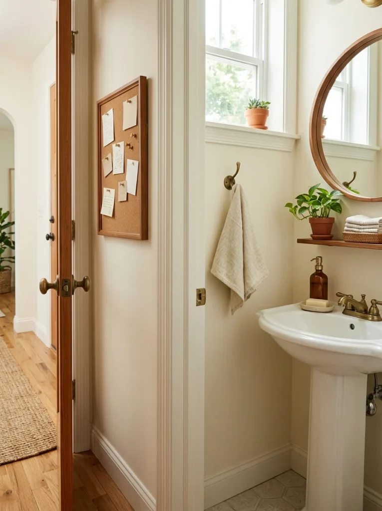 Small bathroom with a framed cork memo board beside the door.