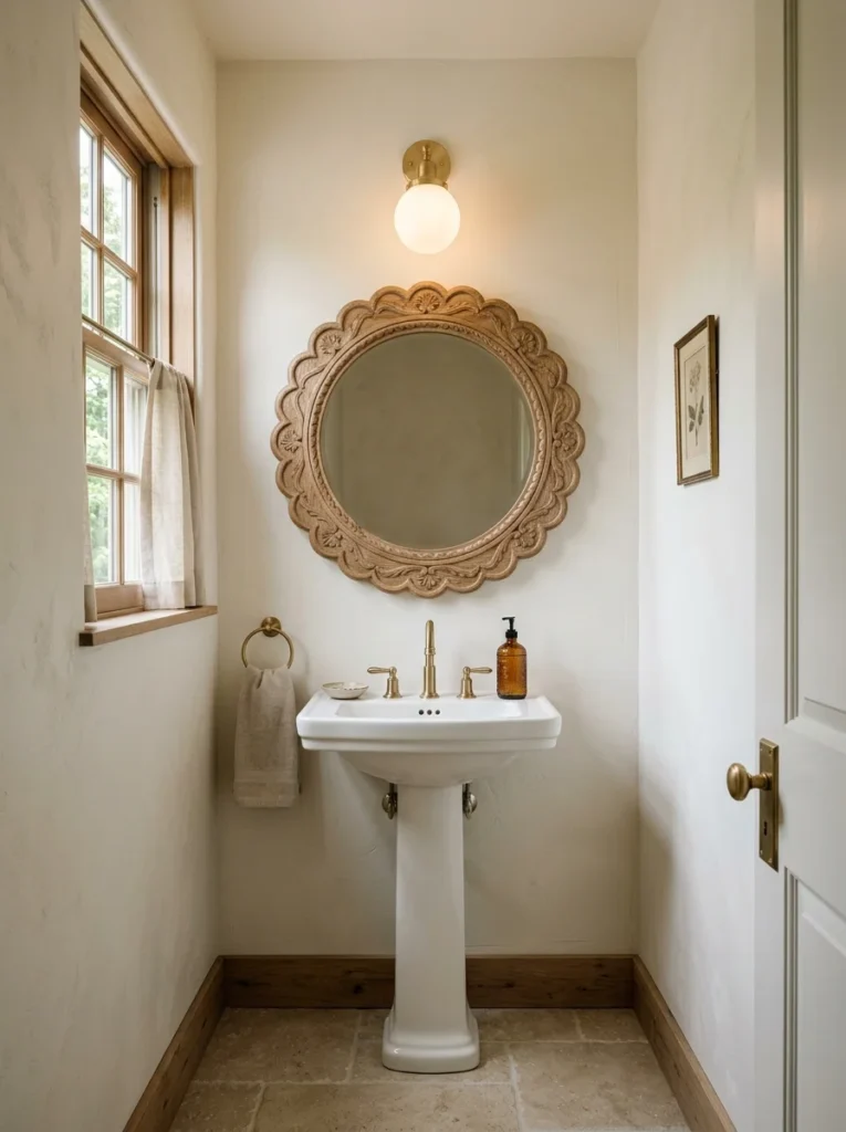 Small powder room with a bold navy ceiling and white walls.