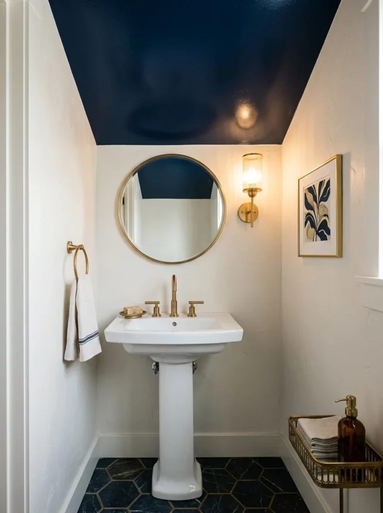Small bathroom with a natural woven wall hanging adding texture.