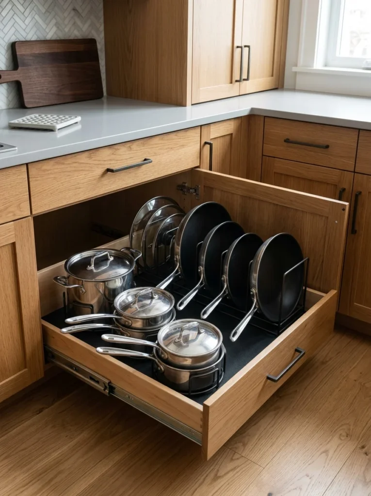 Pull-out drawer organizing pots and pans in a kitchen cabinet