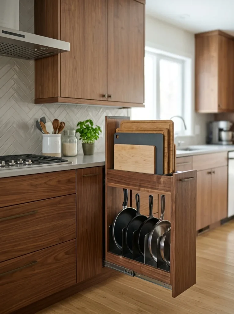 Pull-out slot storing cutting boards and flat pans together