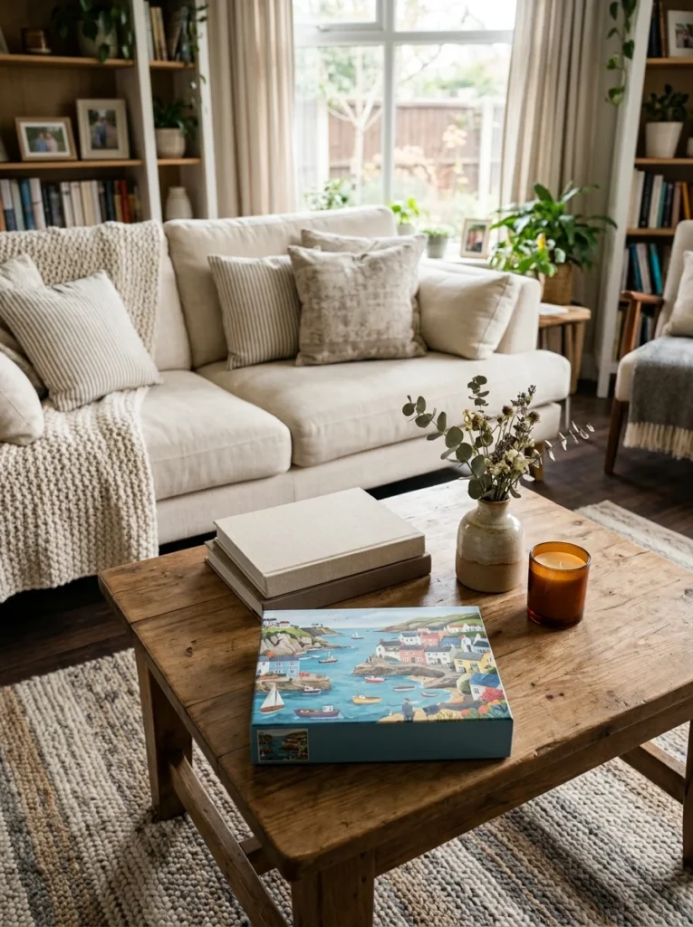 Decorative puzzle box doubles as practical storage on a living room coffee table.