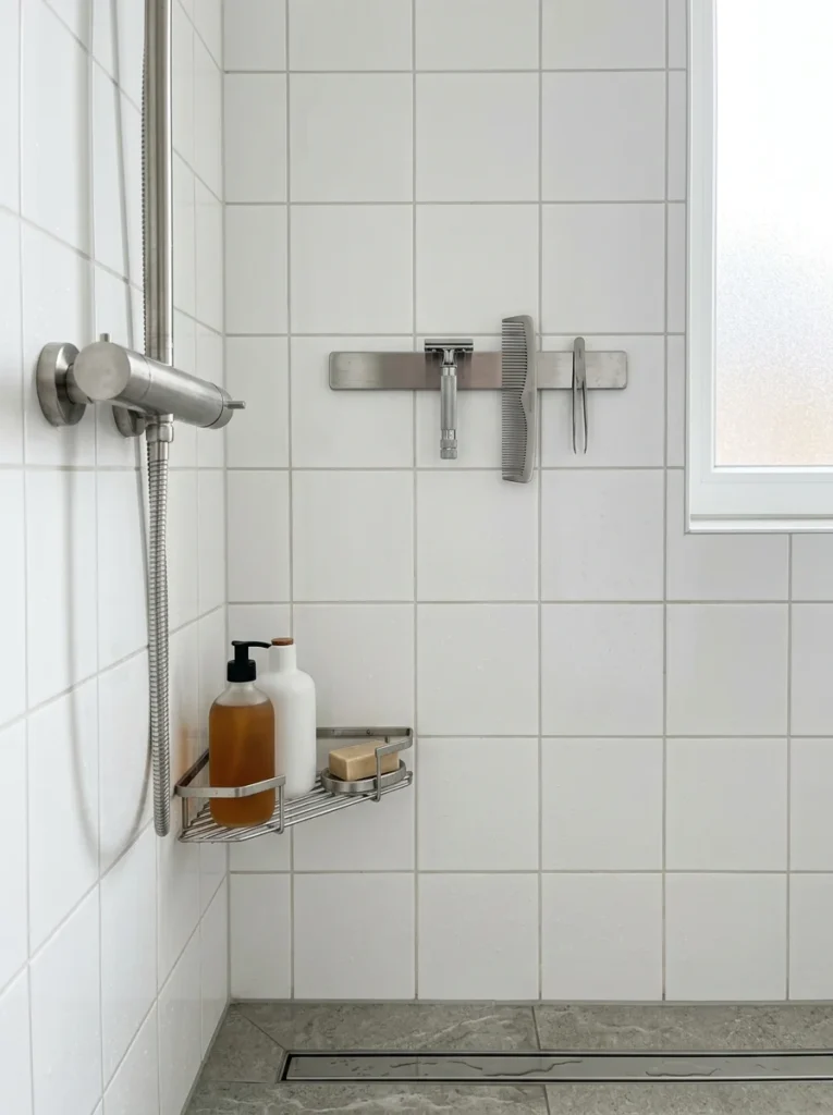Magnetic strip holding a metal razor in the shower
