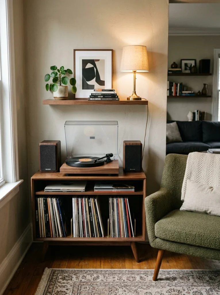 Stylish pet bed and feeding station in a living room corner
