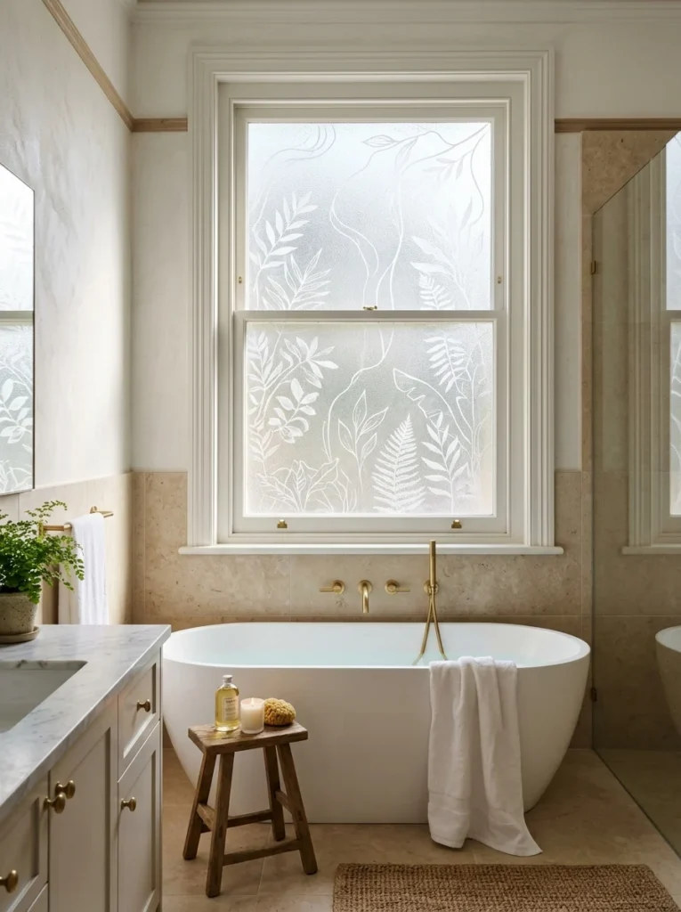 Permanently etched glass bathroom window providing privacy and natural light.