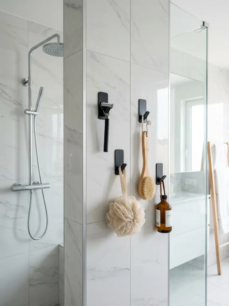 Removable adhesive hooks organizing a rental shower