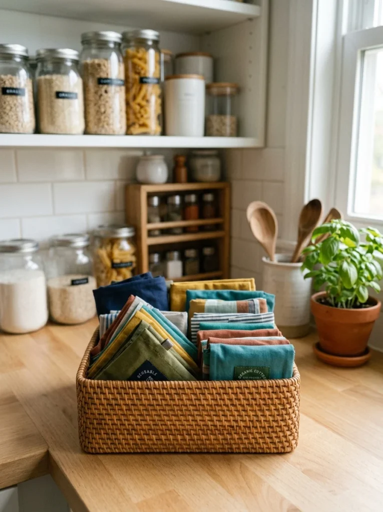 Reusable grocery bags folded into compact pouches