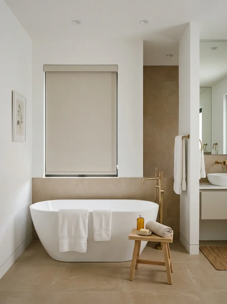 Room-darkening roller shade providing complete privacy on a bathroom window.