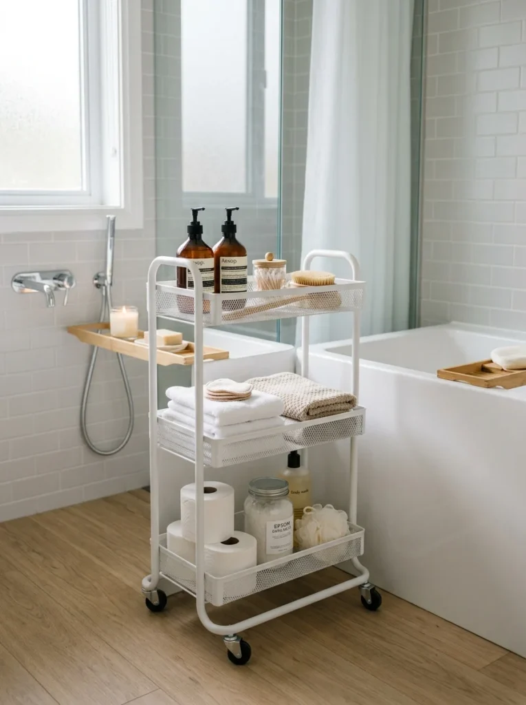 Narrow rolling cart storing bath supplies beside a tub