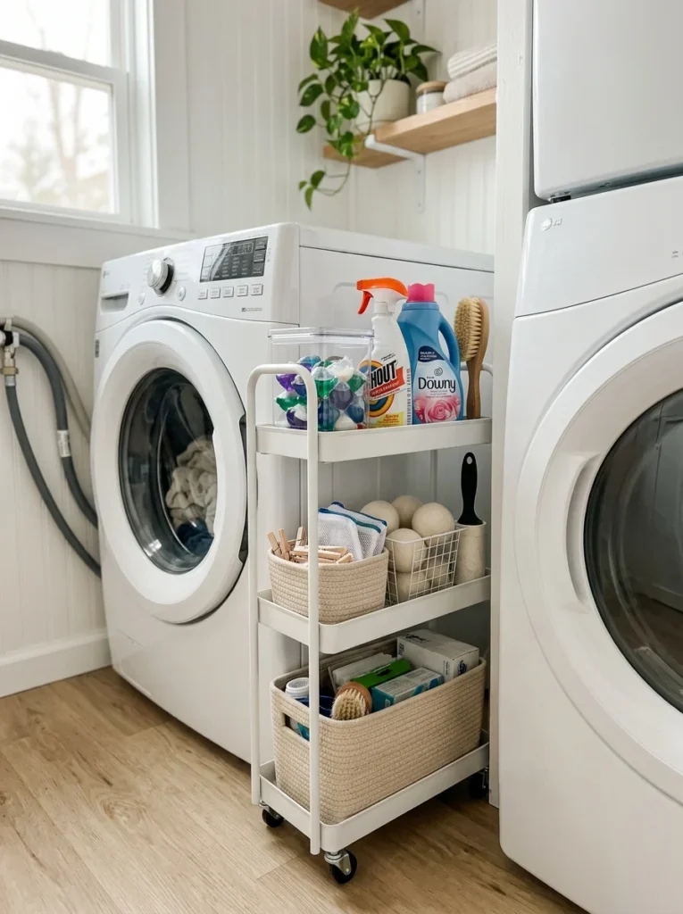 Slim rolling cart beside washer for laundry supplies