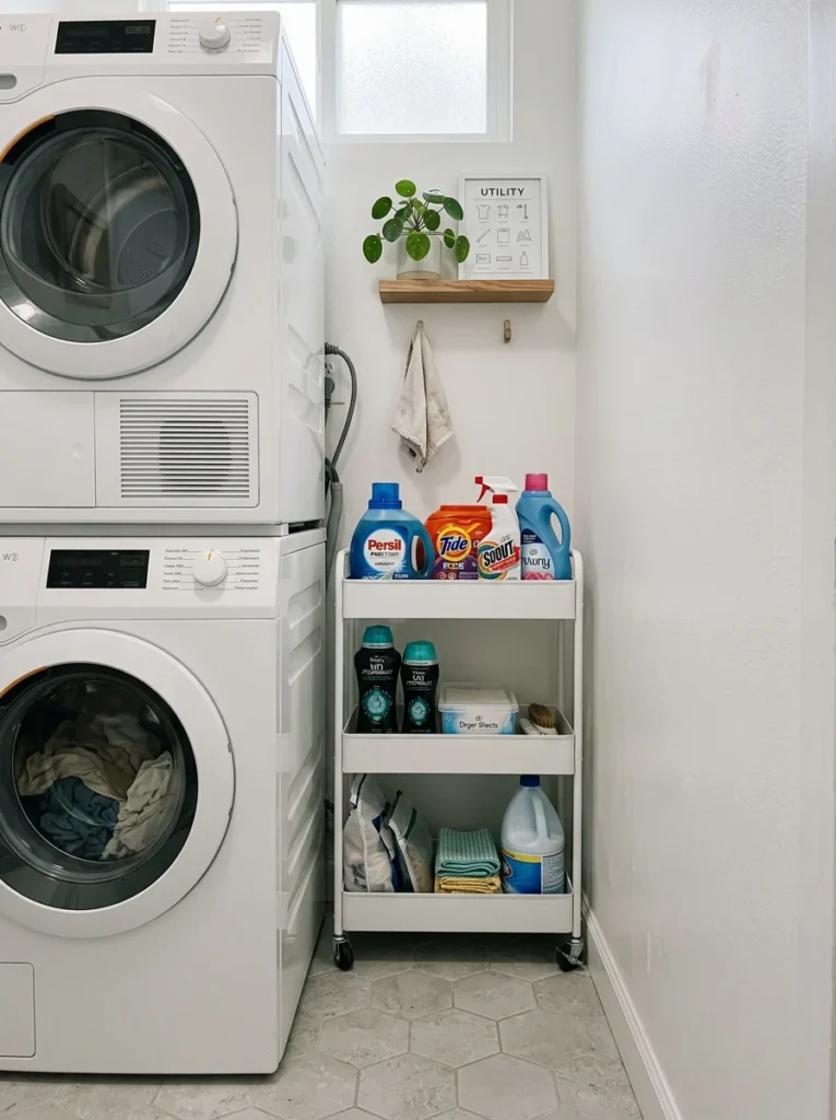 Slim rolling laundry cart fitted into a narrow gap beside the dryer.