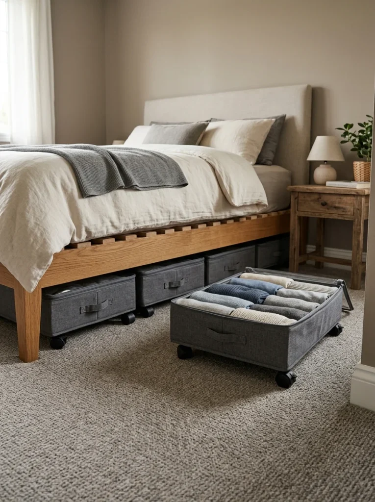Wheeled storage bins for easy access under a bed