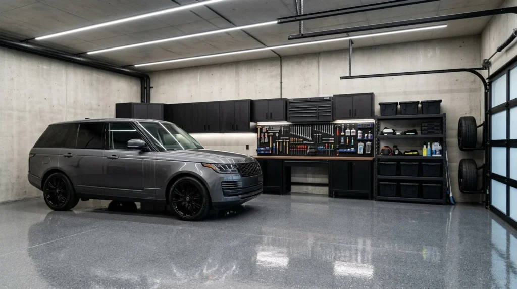 Modern garage with glossy epoxy flooring and organized storage.