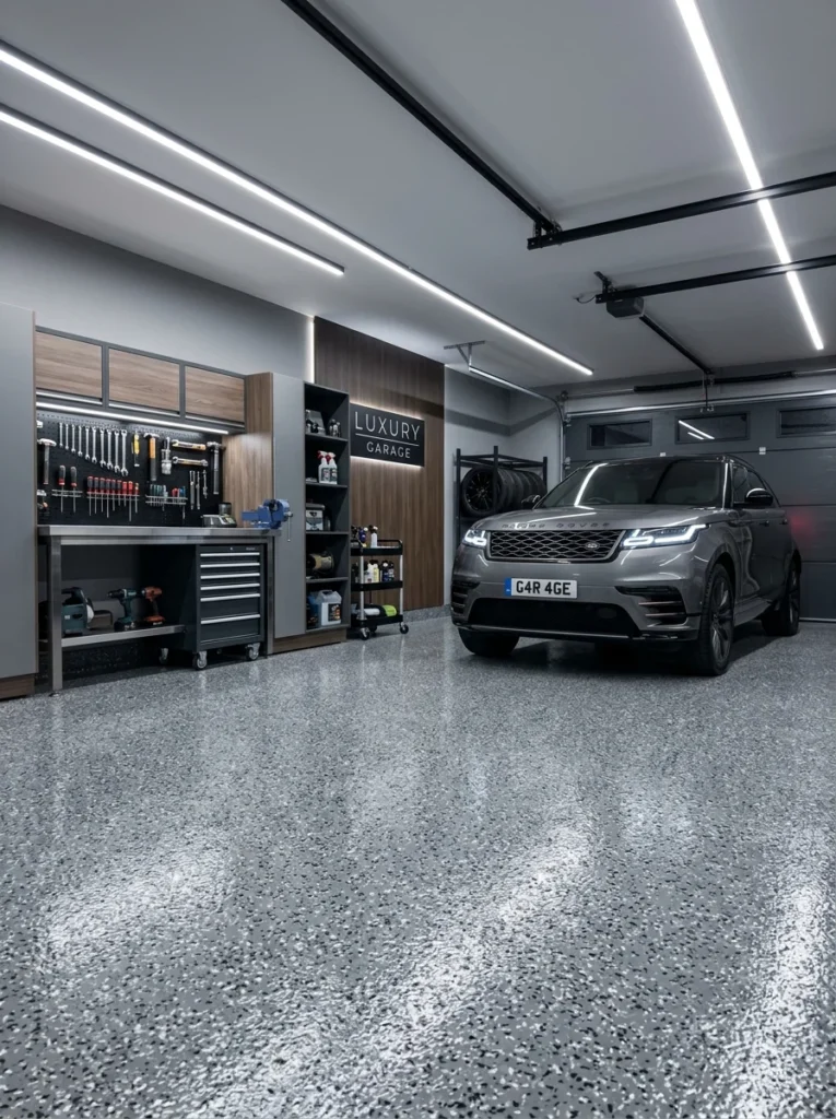 Grey epoxy coated garage floor