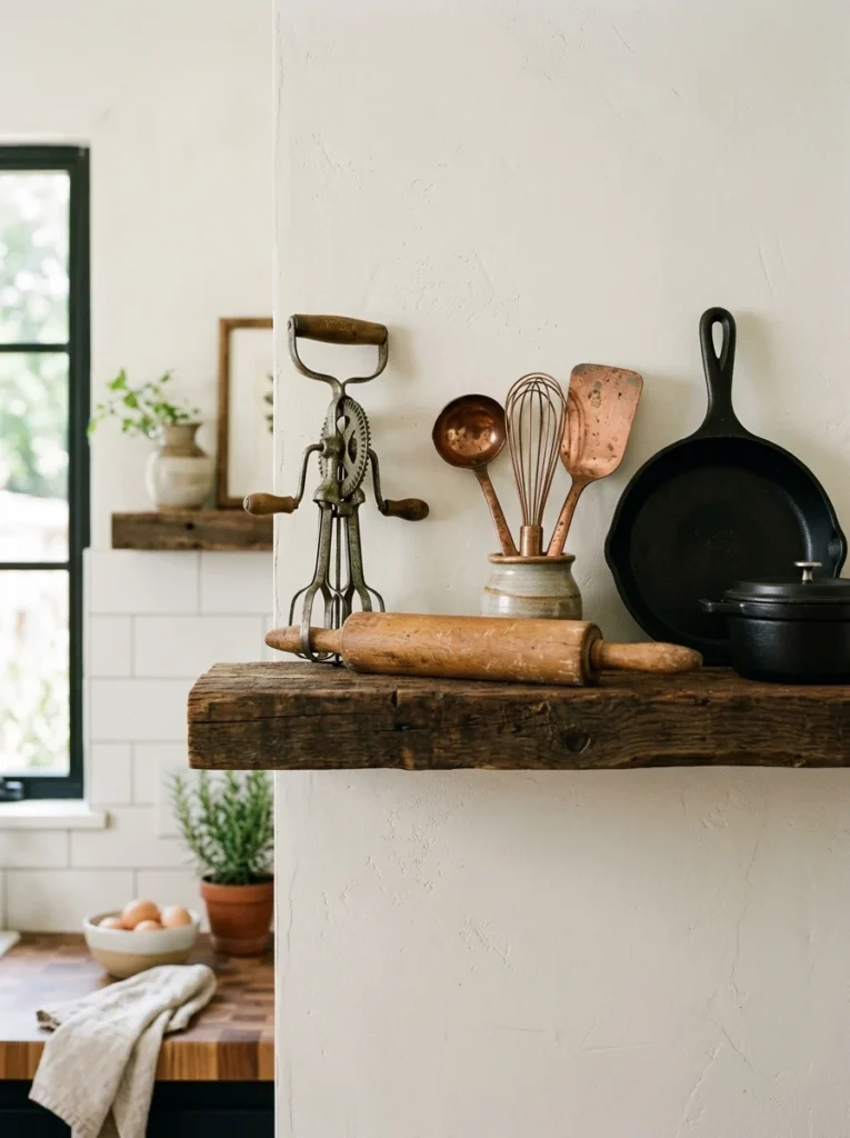Vintage kitchen tools used as wall decor.