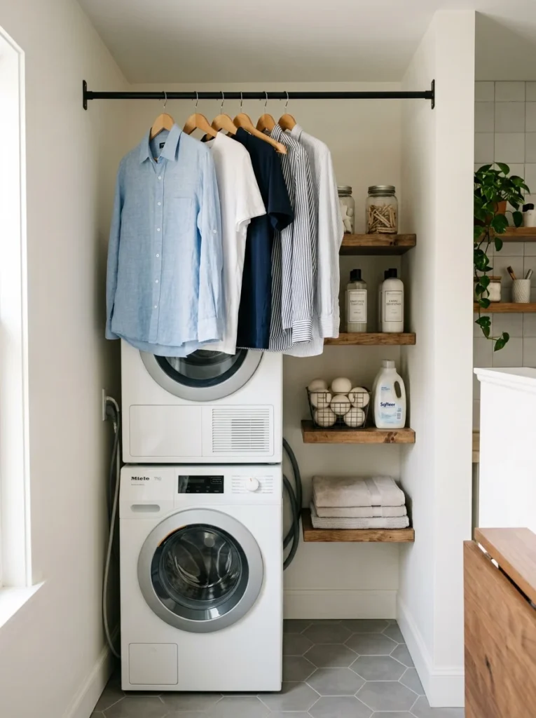 Hanging rod above laundry machines for convenient air-drying in a small laundry room.