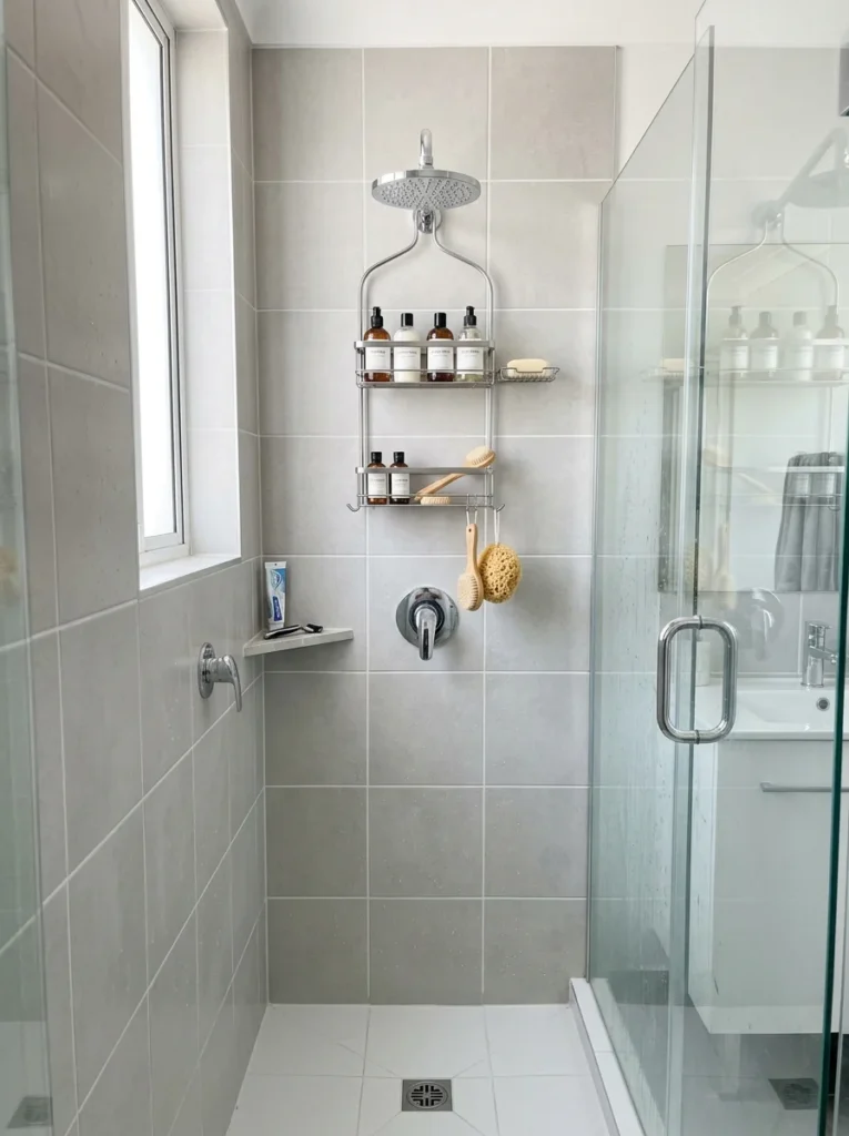 Overhead shower caddy maximizing storage in a small shower