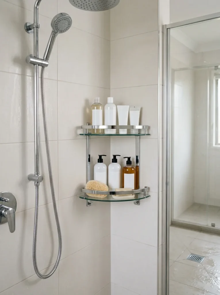 Double-tier corner shelf organizing shower products