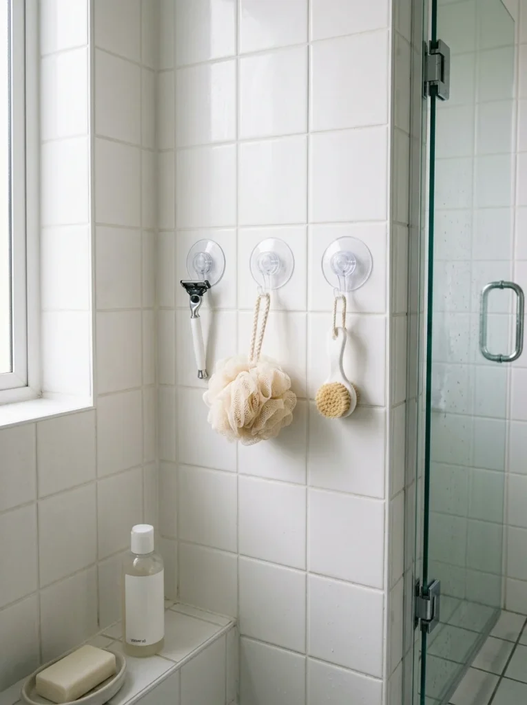 Suction-cup hooks holding lightweight shower accessories