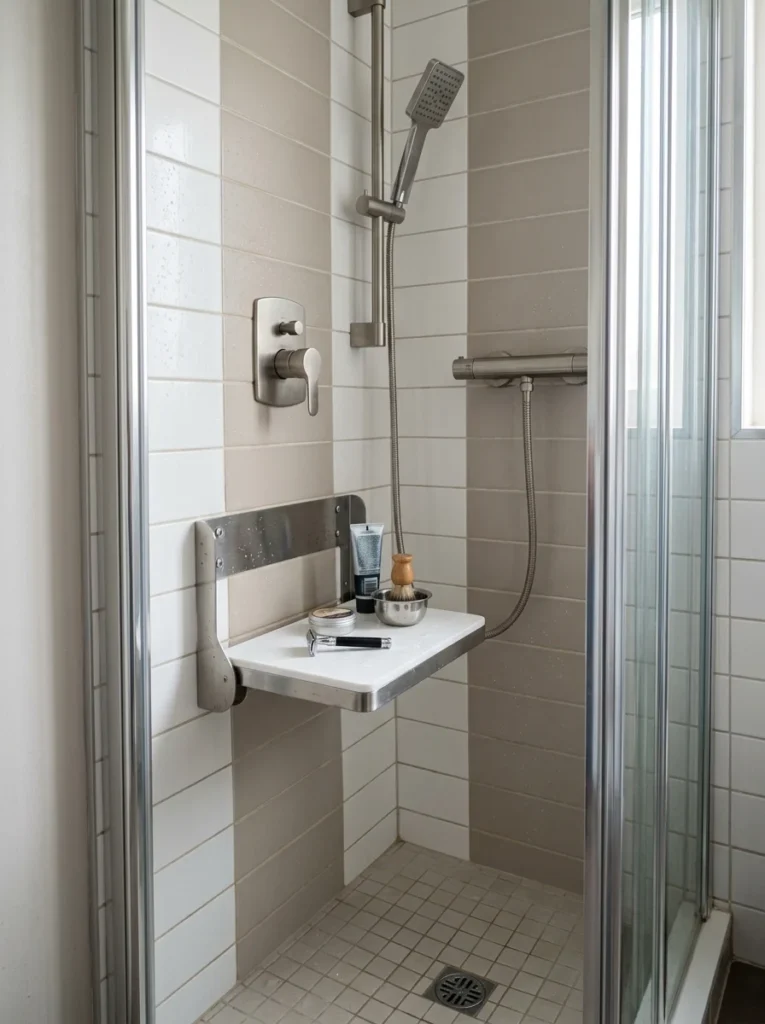 Fold-down shaving shelf in a compact shower