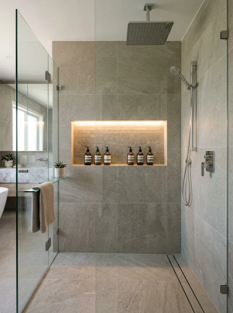 Built-in recessed shower niche for bathroom product storage