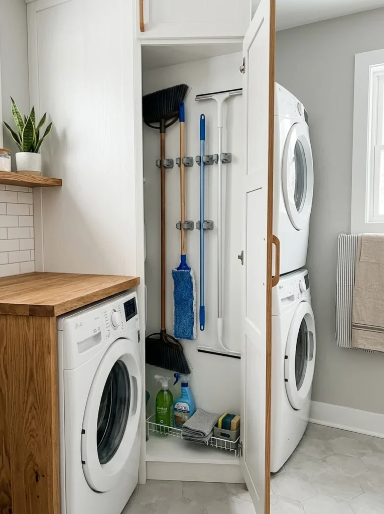 Vertical cabinet organizing brooms and mops in a laundry room