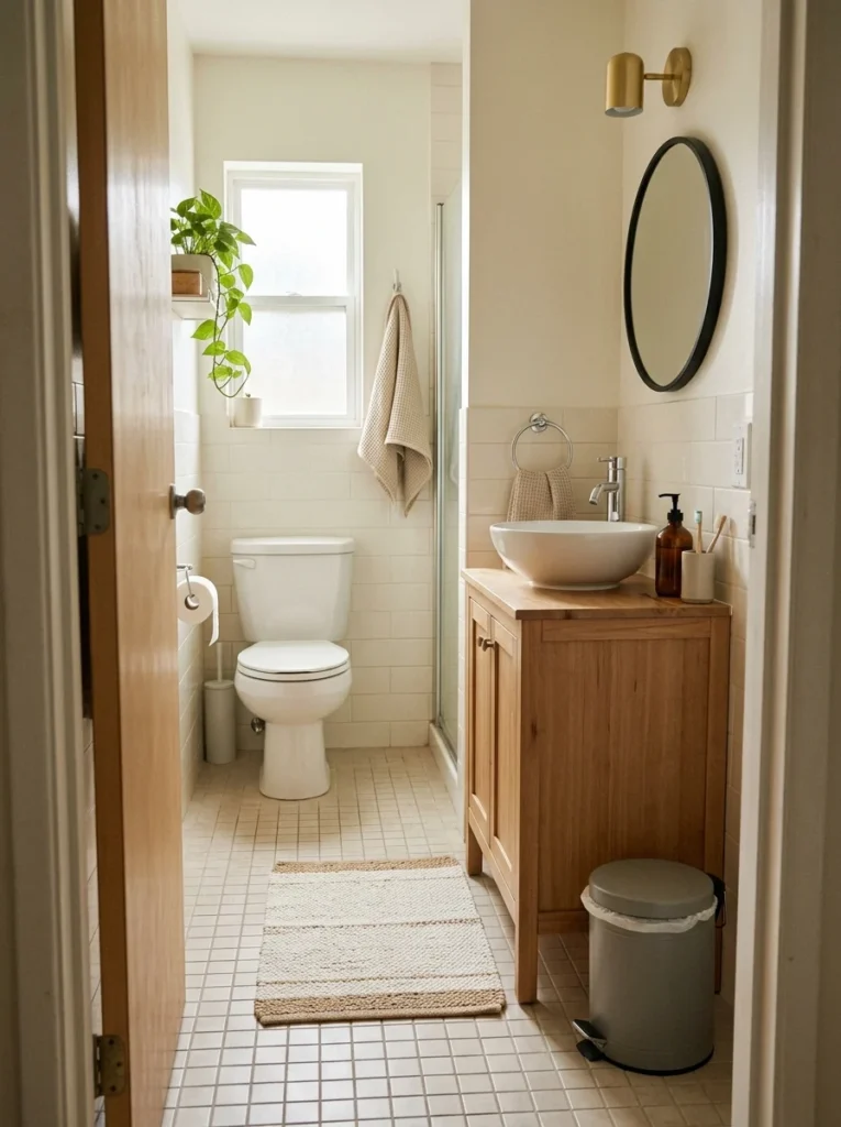 Compact bathroom trash can sized to fit neatly beside a small vanity.