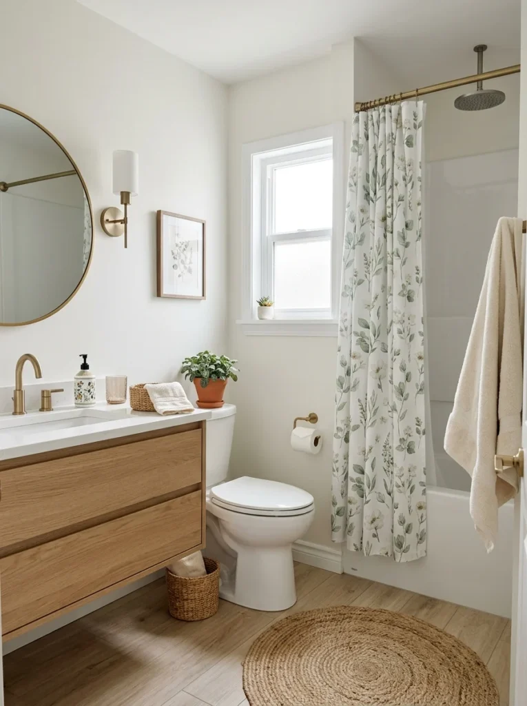 Small bathroom refreshed with a light seasonal botanical shower curtain.