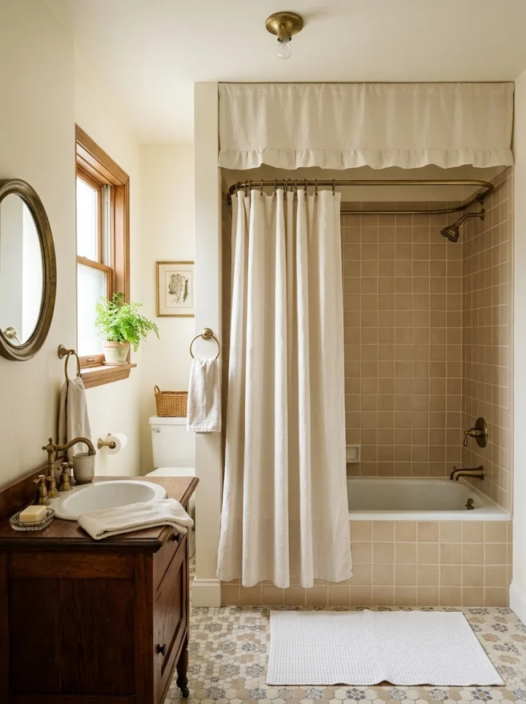 Small traditional bathroom with a shower curtain and coordinating valance.