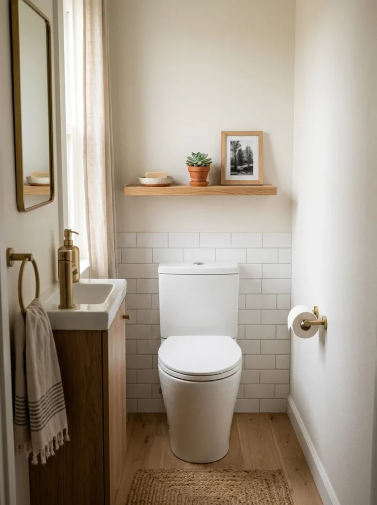 Small bathroom with a narrow floating shelf and three curated decor pieces.