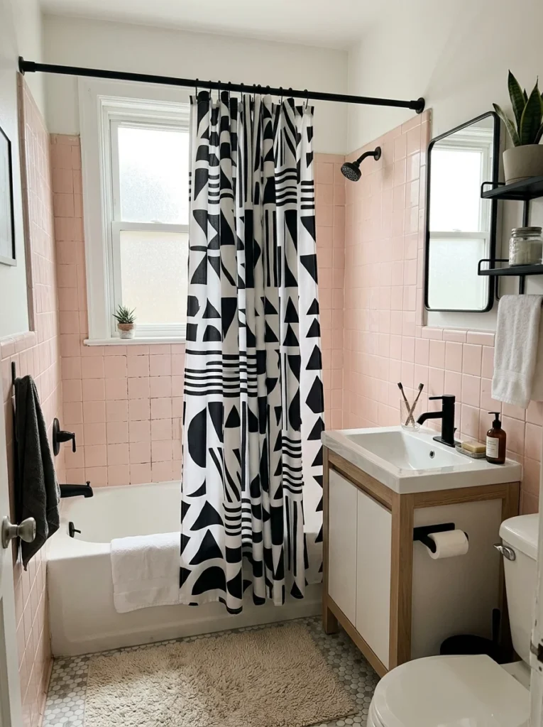 Small bathroom shower curtain tied back with a simple decorative wall hook.