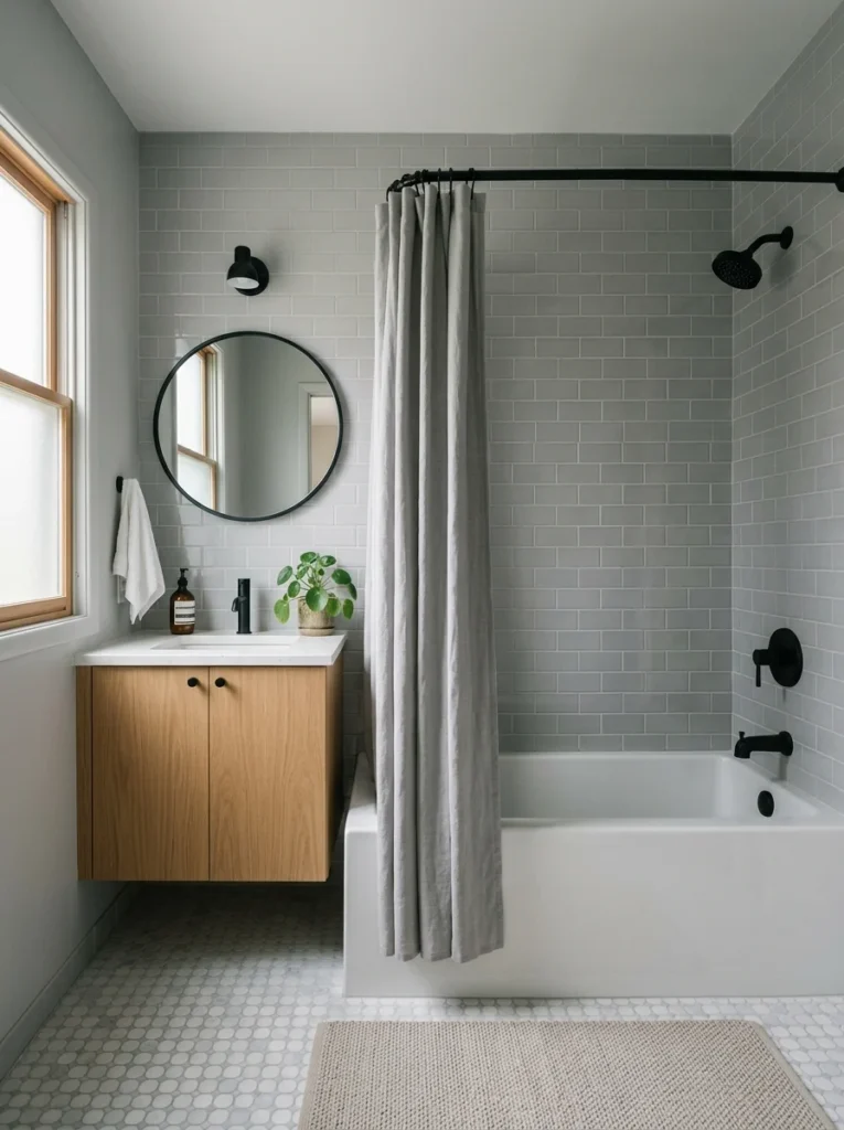 Small bathroom with a gray shower curtain matching the wall tile.