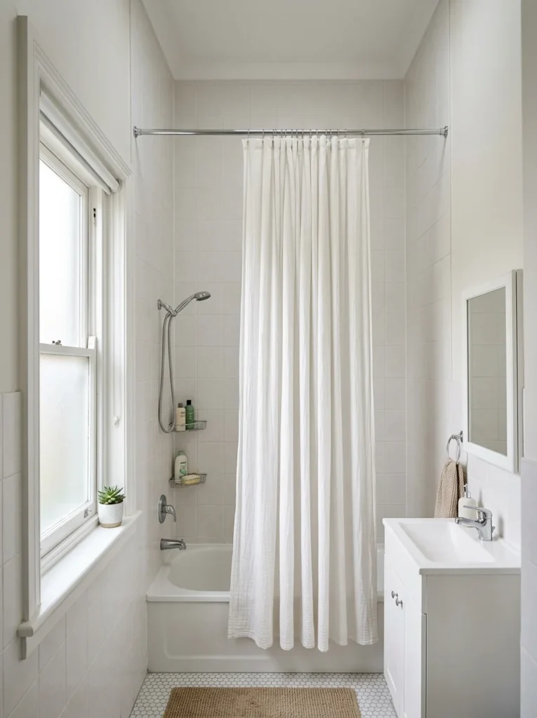 Small bathroom with a high-mounted shower curtain creating a taller look.
