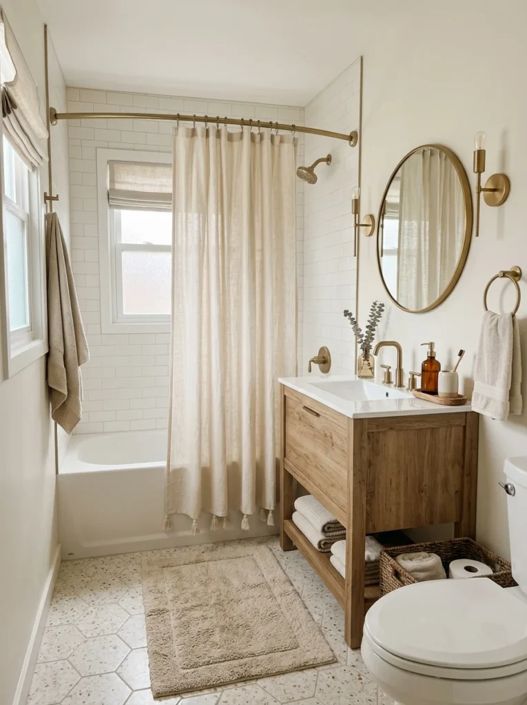 Small bathroom with a coordinated shower curtain, bath mat, and neutral towels.