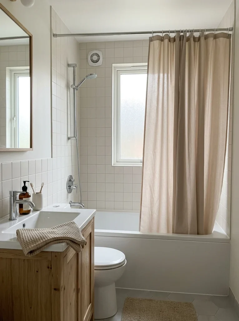 Small bathroom with a lightweight quick-drying shower curtain.