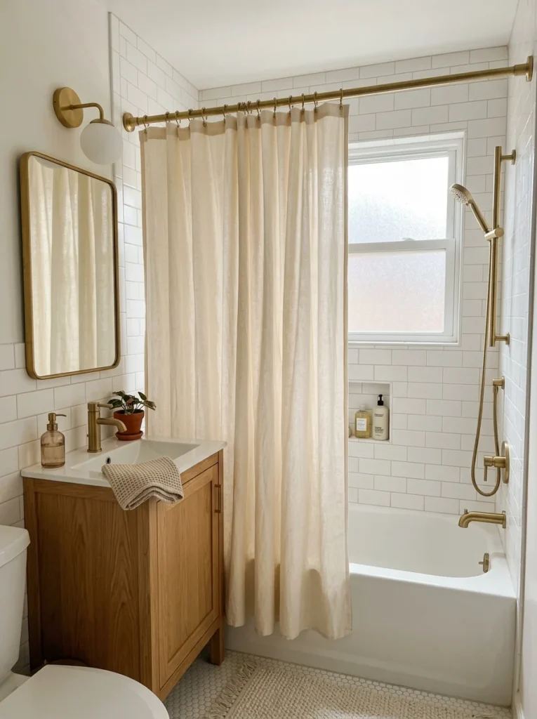 Small bathroom with a shower rod extending slightly beyond the tub opening.