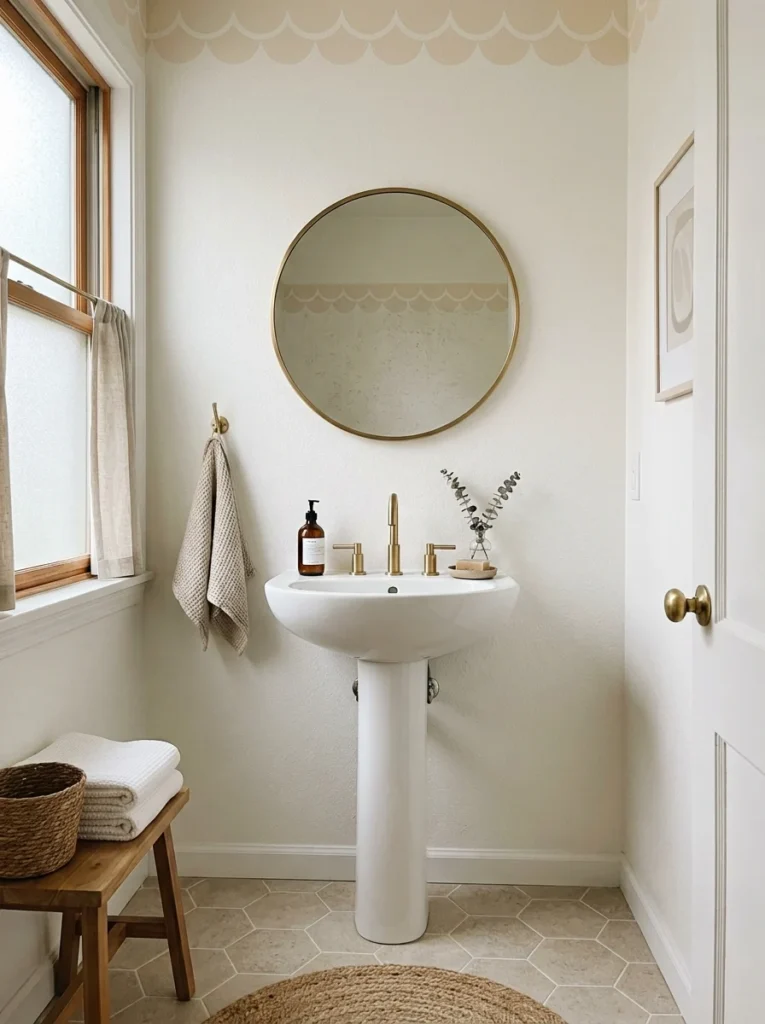 Small rental bathroom decorated with removable scalloped wall decals.