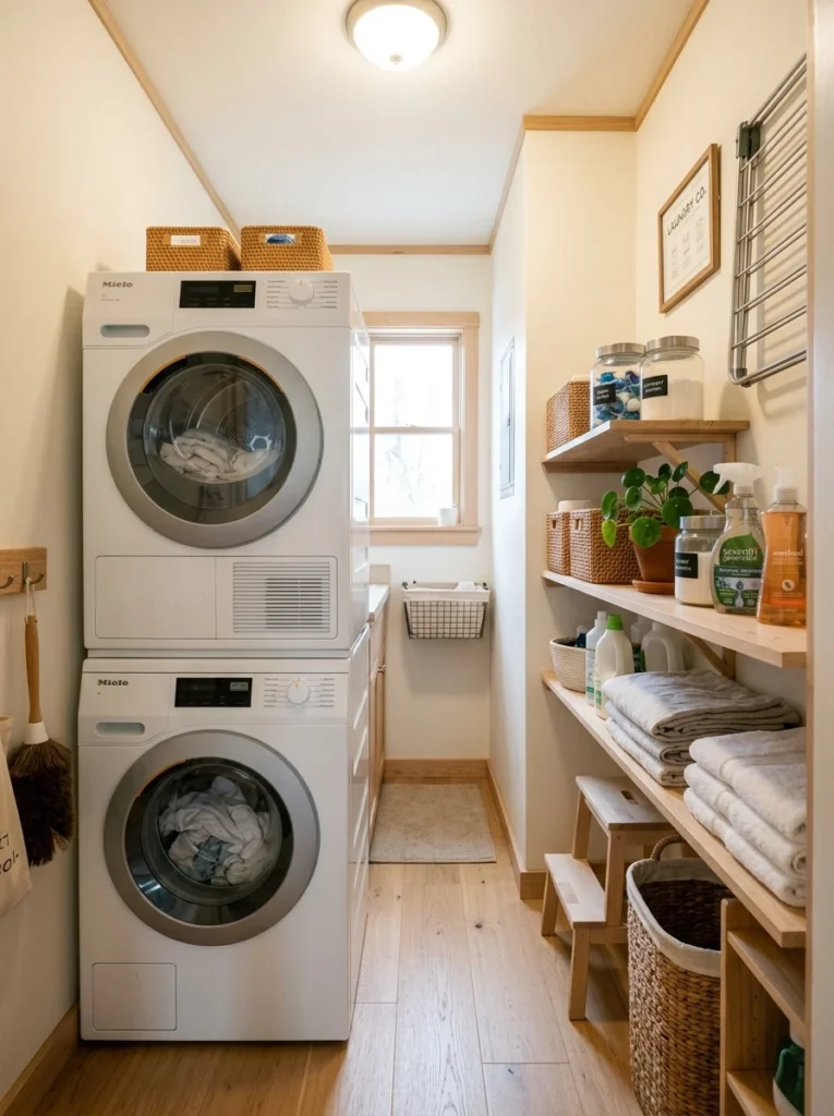Small laundry room with a stacked washer and dryer saving valuable floor space.