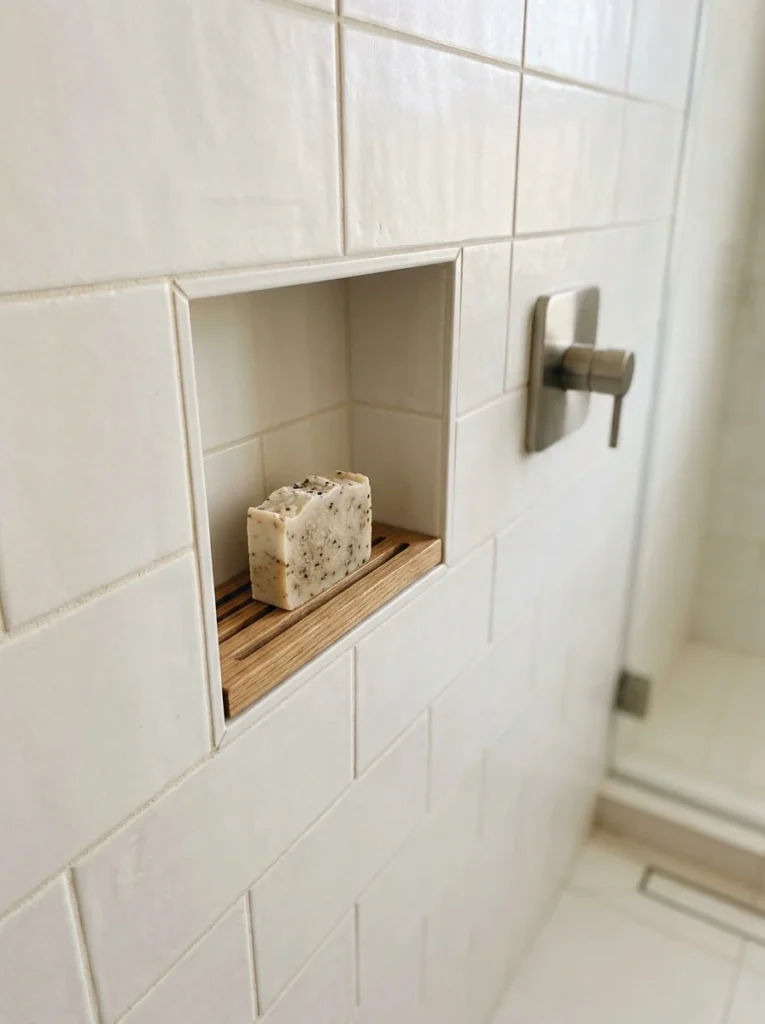 Recessed shower soap dish with built-in drainage