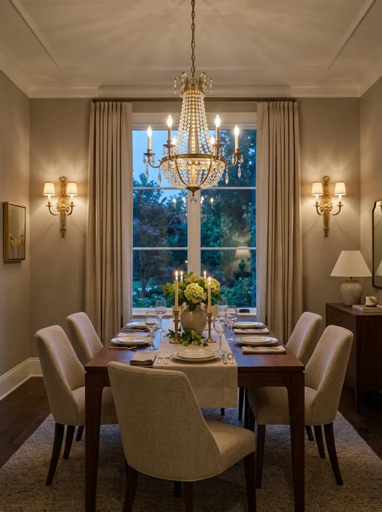 Dining room with chandelier and matching wall sconces for layered ambient lighting.
