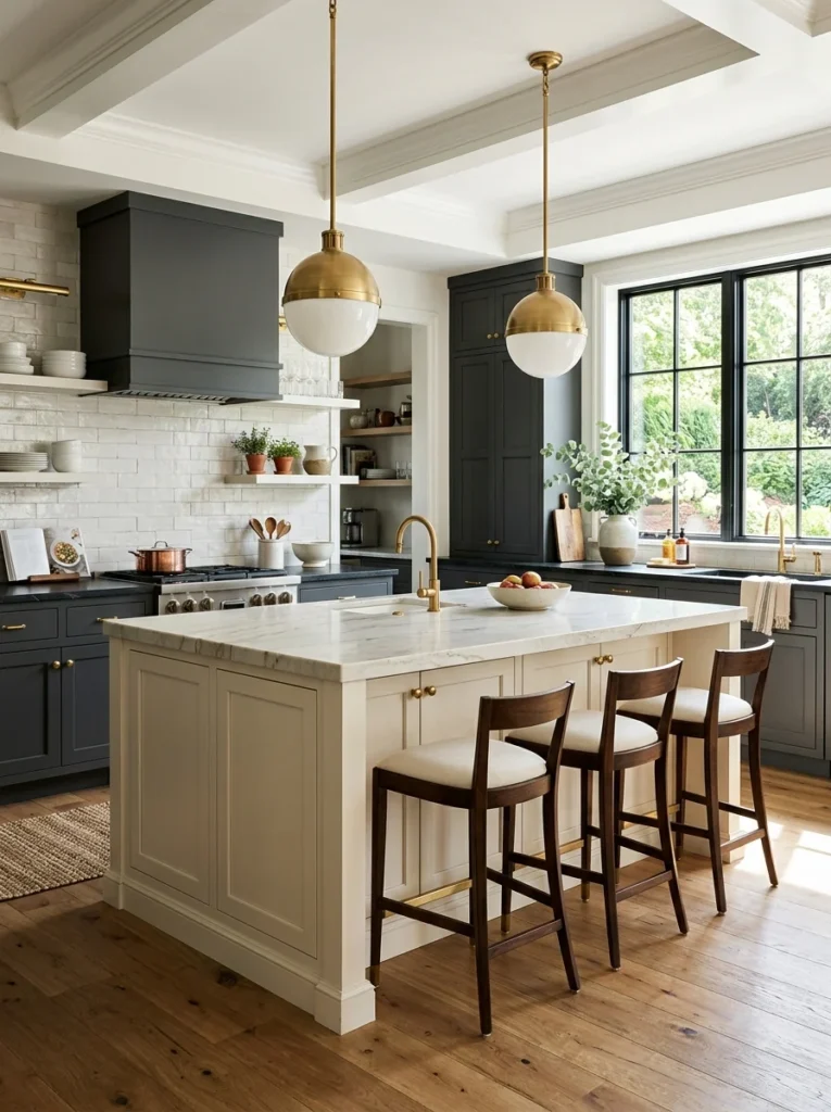 Cream kitchen island surrounded by dark charcoal perimeter cabinets.