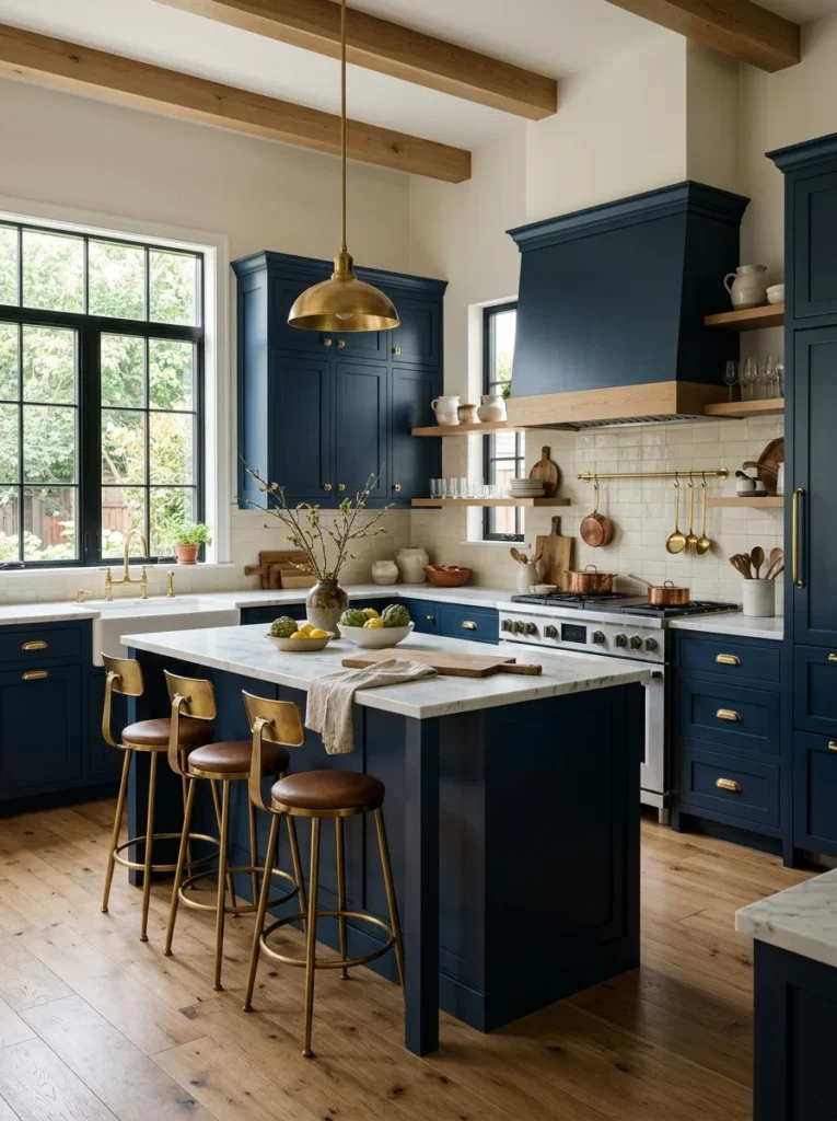 Sophisticated kitchen with deep navy cabinets and warm brass hardware.